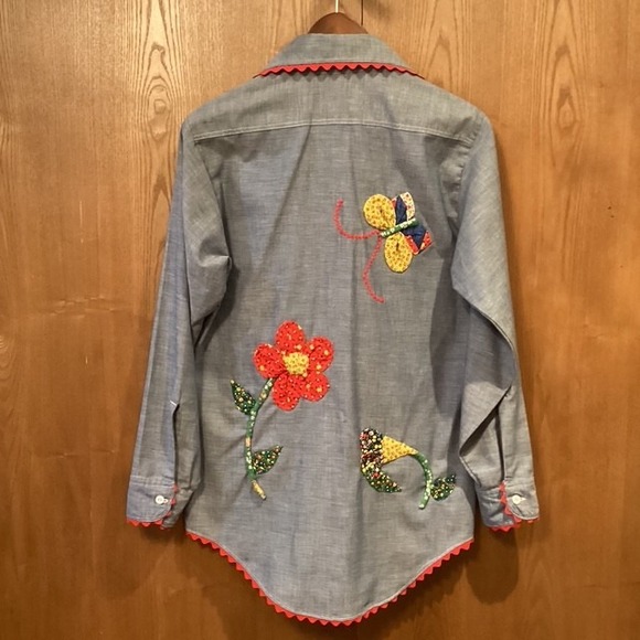 Chambray Blouse Floral Applique Vintage Big Mac by JC Penny‎ Large - Picture 6 of 10